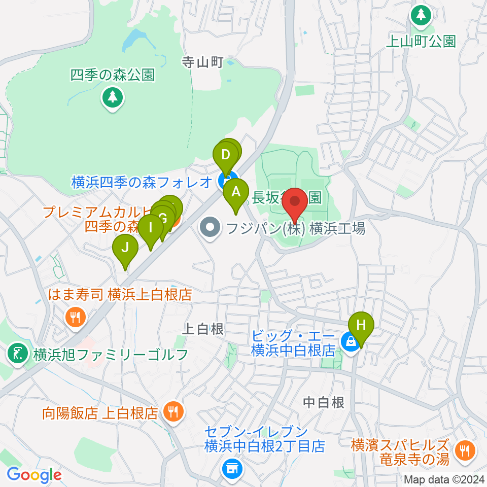 長坂谷公園野球場周辺のファミレス・ファーストフード一覧地図