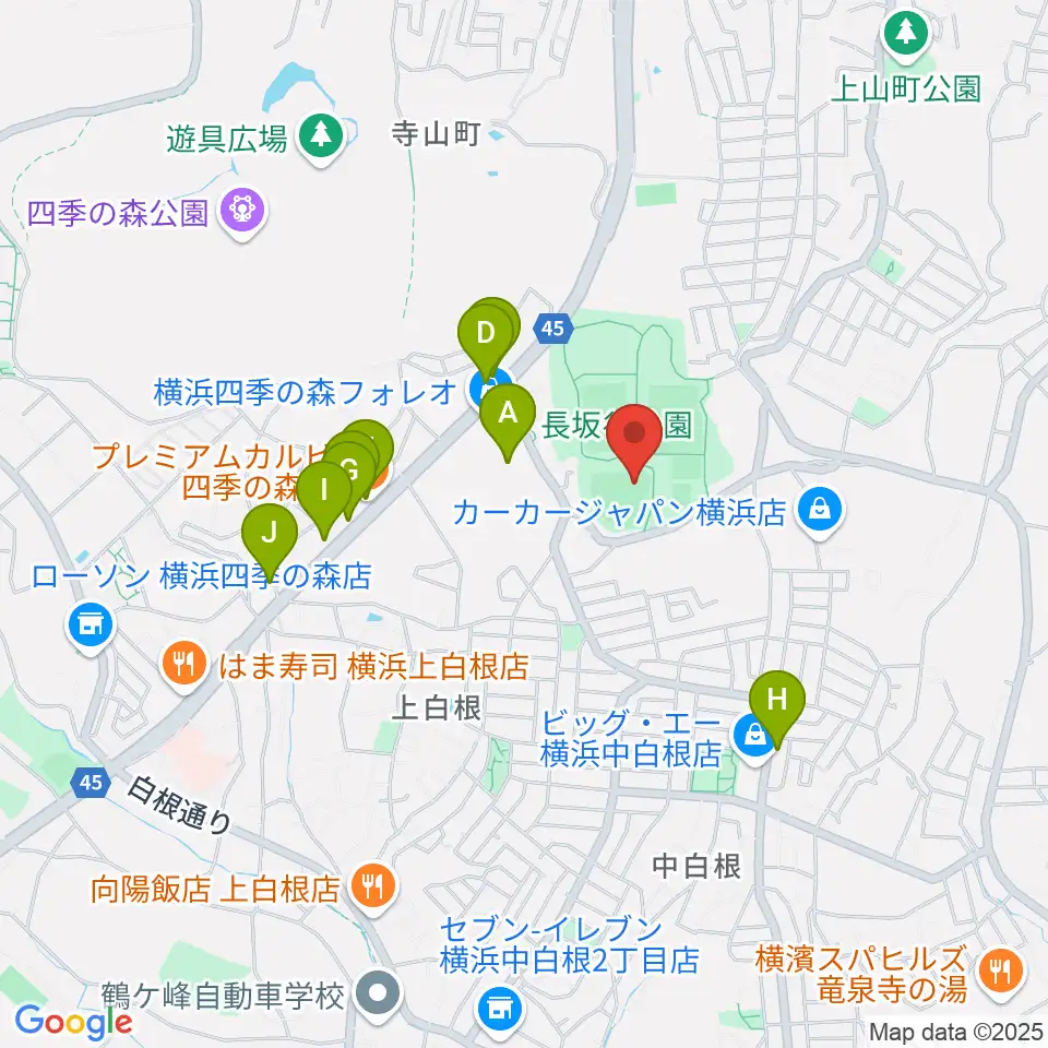 長坂谷公園野球場周辺のファミレス・ファーストフード一覧地図