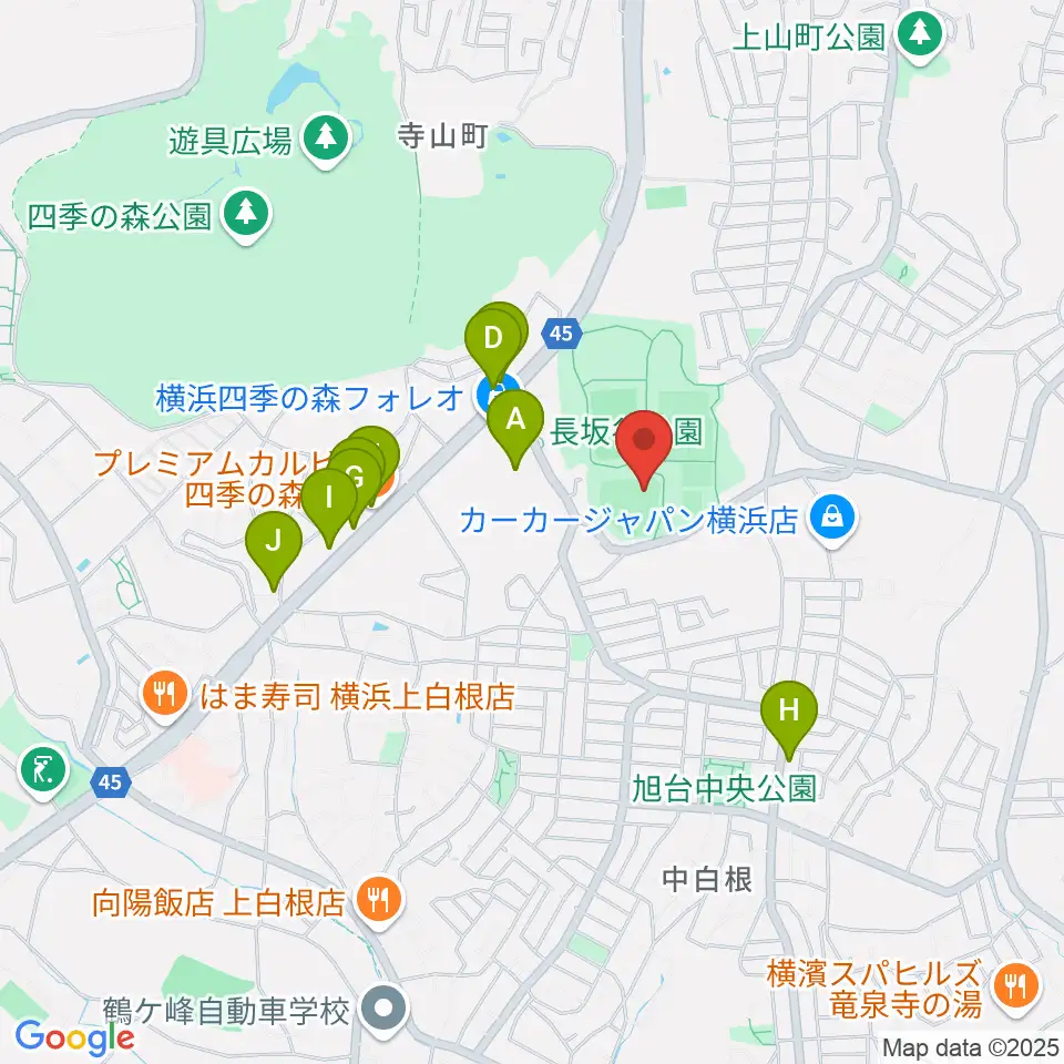 長坂谷公園野球場周辺のファミレス・ファーストフード一覧地図