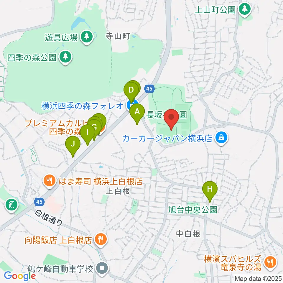 長坂谷公園野球場周辺のファミレス・ファーストフード一覧地図