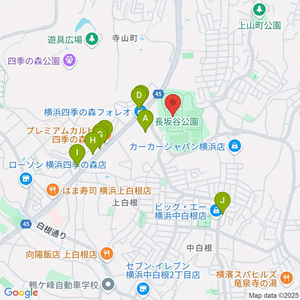 長坂谷公園運動広場 周辺のファミレス・ファーストフード一覧地図
