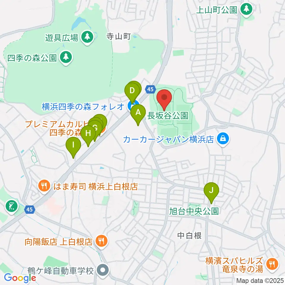 長坂谷公園運動広場 周辺のファミレス・ファーストフード一覧地図