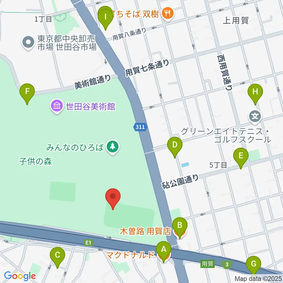 砧公園軟式野球場周辺のファミレス・ファーストフード一覧地図