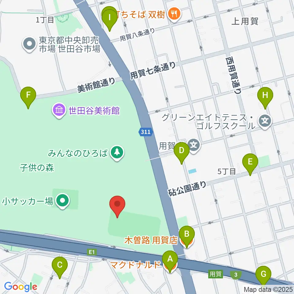 砧公園軟式野球場周辺のファミレス・ファーストフード一覧地図