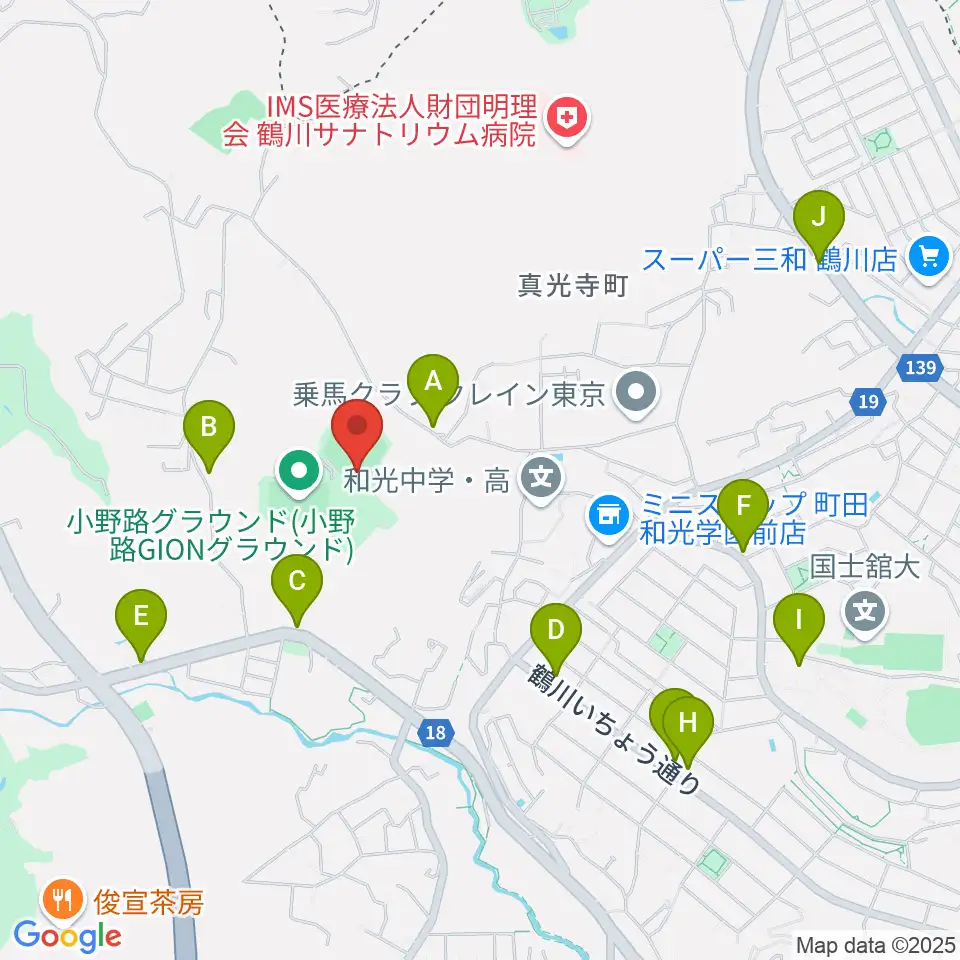 小野路GIONベースボールパーク周辺のファミレス・ファーストフード一覧地図