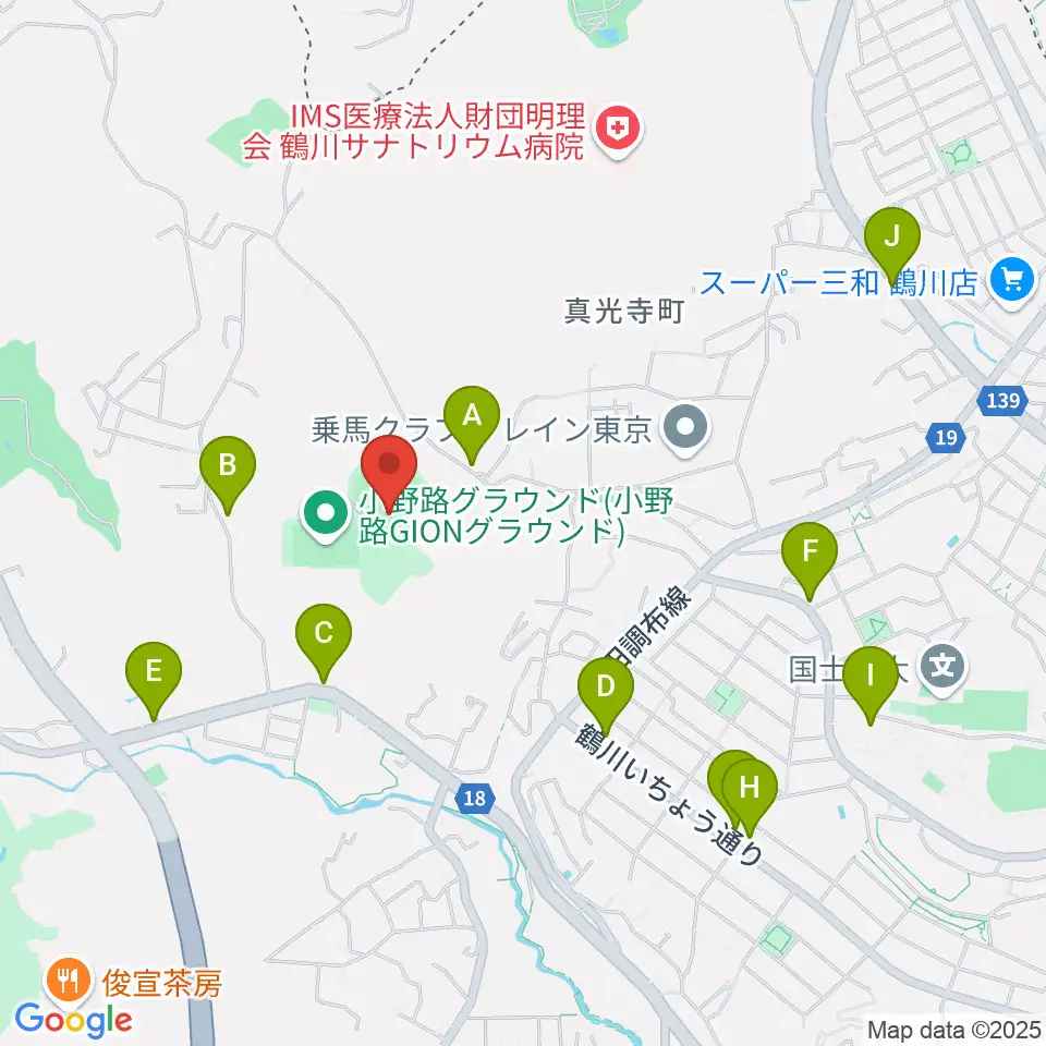 小野路GIONベースボールパーク周辺のファミレス・ファーストフード一覧地図