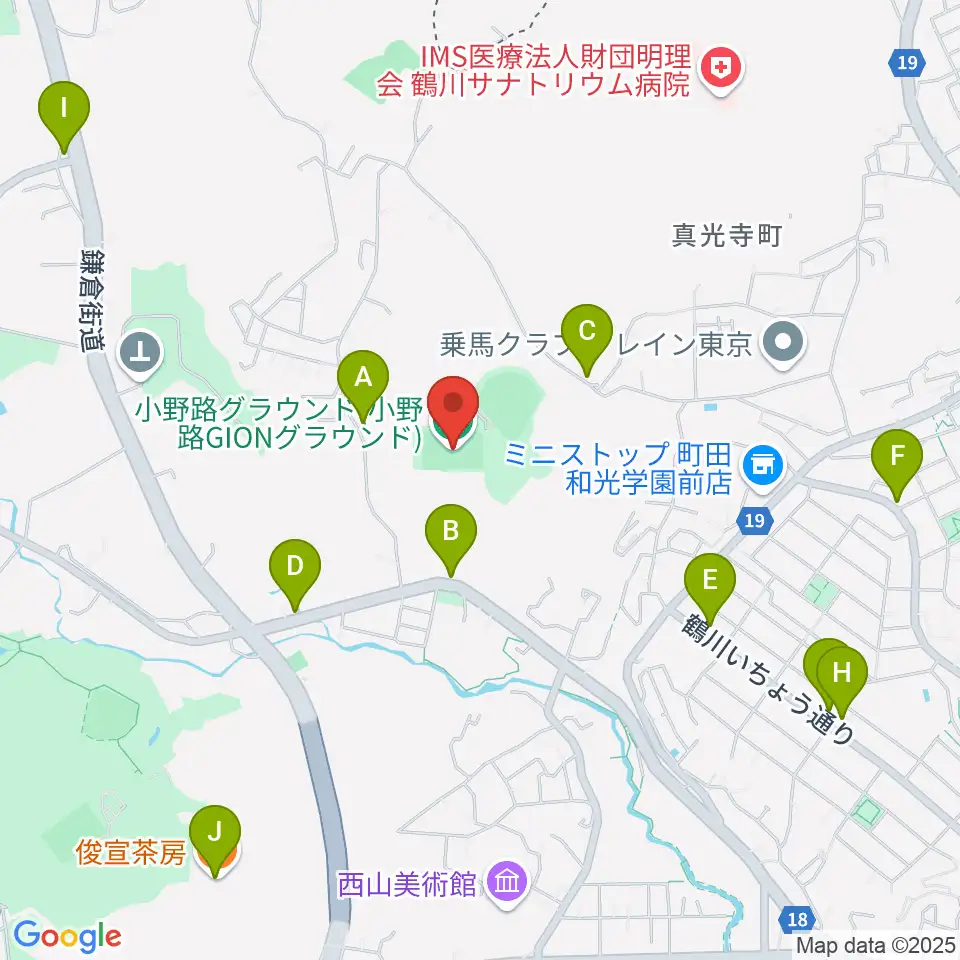 小野路GIONグラウンド周辺のファミレス・ファーストフード一覧地図