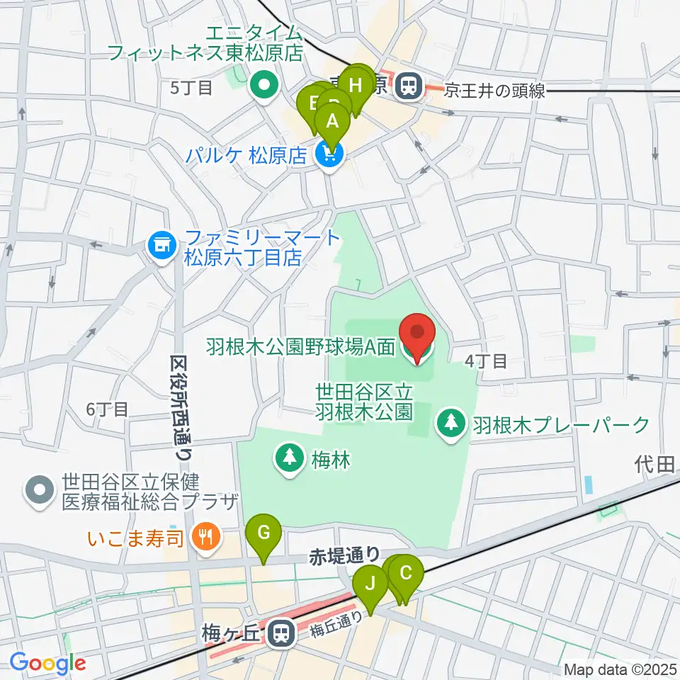 羽根木公園野球場周辺のファミレス・ファーストフード一覧地図