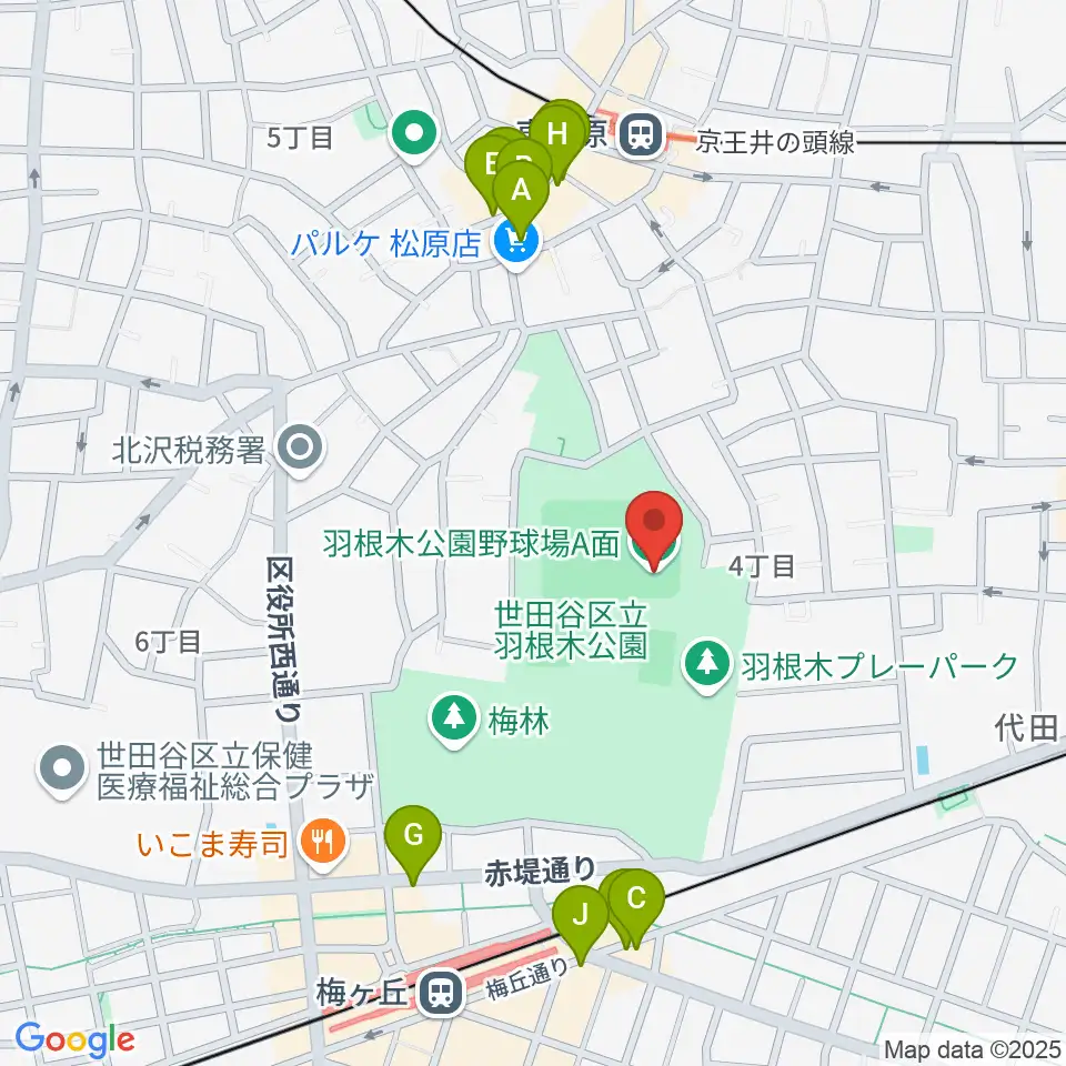 羽根木公園野球場周辺のファミレス・ファーストフード一覧地図