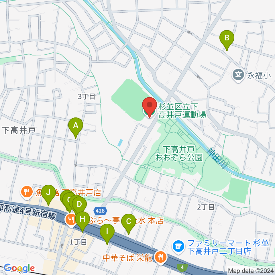 杉並区下高井戸運動場周辺のファミレス・ファーストフード一覧地図