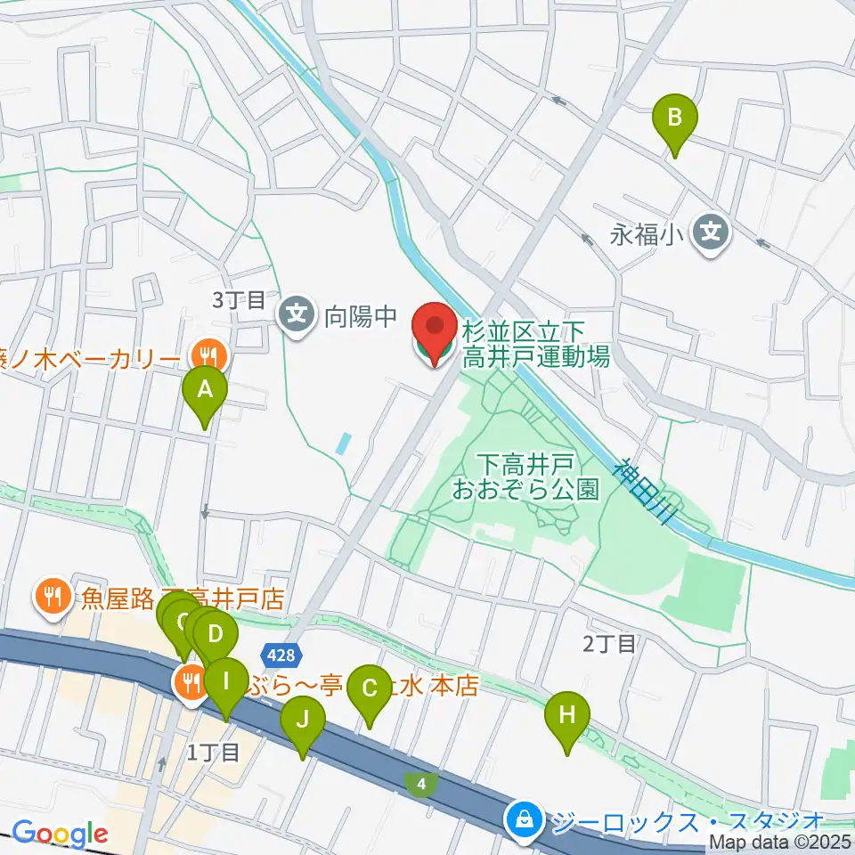 杉並区下高井戸運動場周辺のファミレス・ファーストフード一覧地図