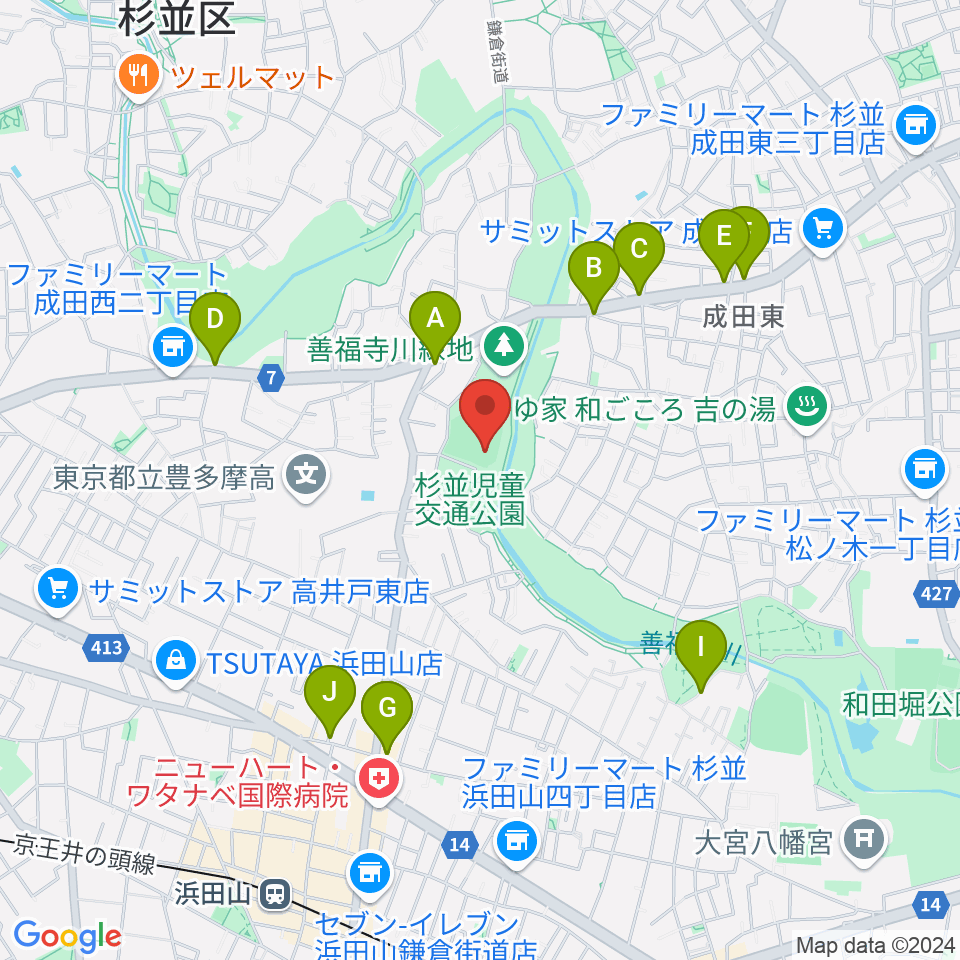 善福寺川緑地野球場周辺のファミレス・ファーストフード一覧地図