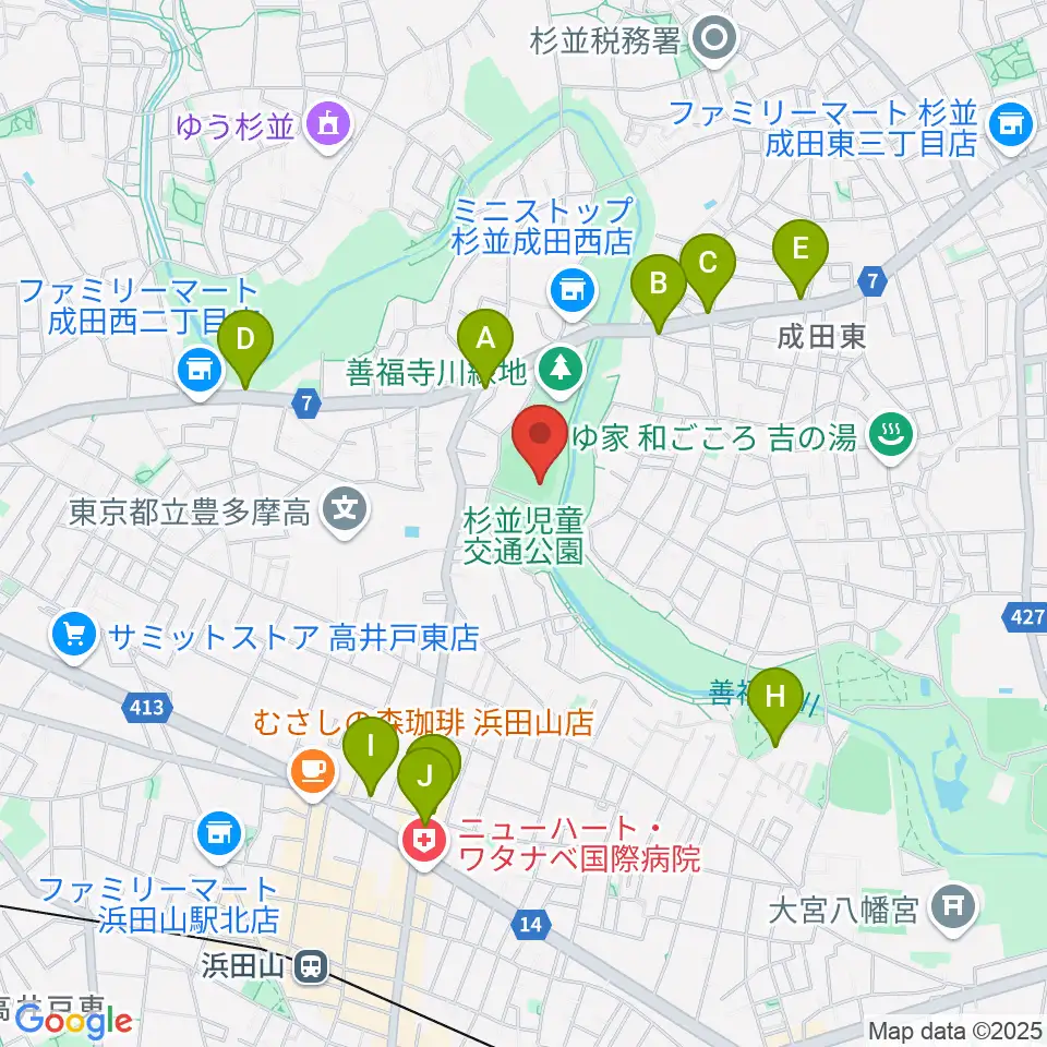 善福寺川緑地野球場周辺のファミレス・ファーストフード一覧地図