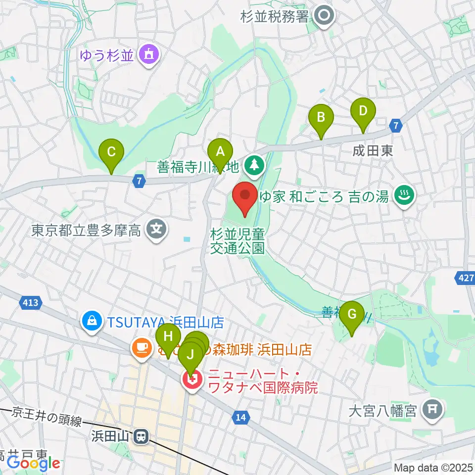 善福寺川緑地野球場周辺のファミレス・ファーストフード一覧地図