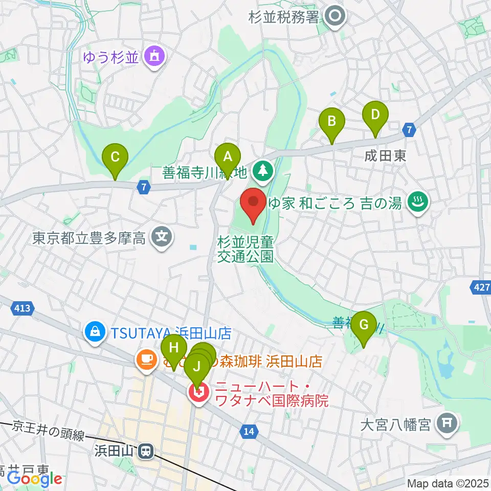 善福寺川緑地野球場周辺のファミレス・ファーストフード一覧地図