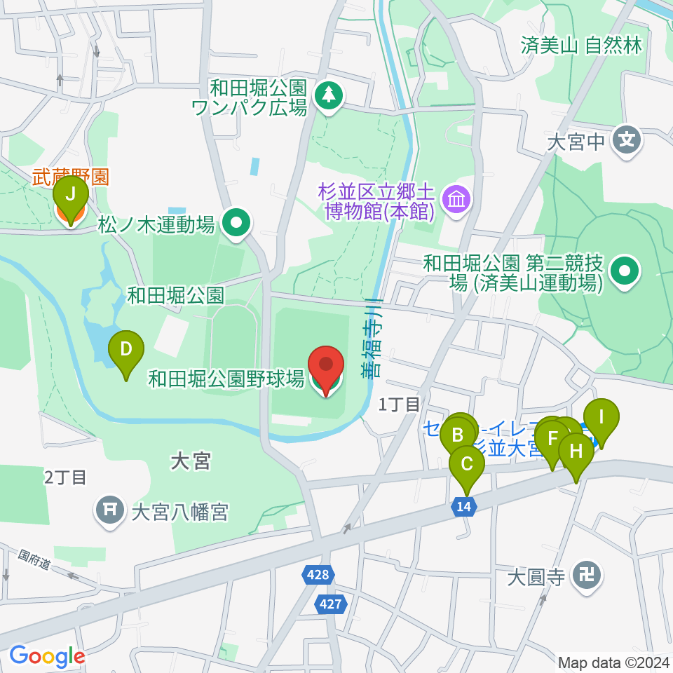 和田堀公園野球場周辺のファミレス・ファーストフード一覧地図