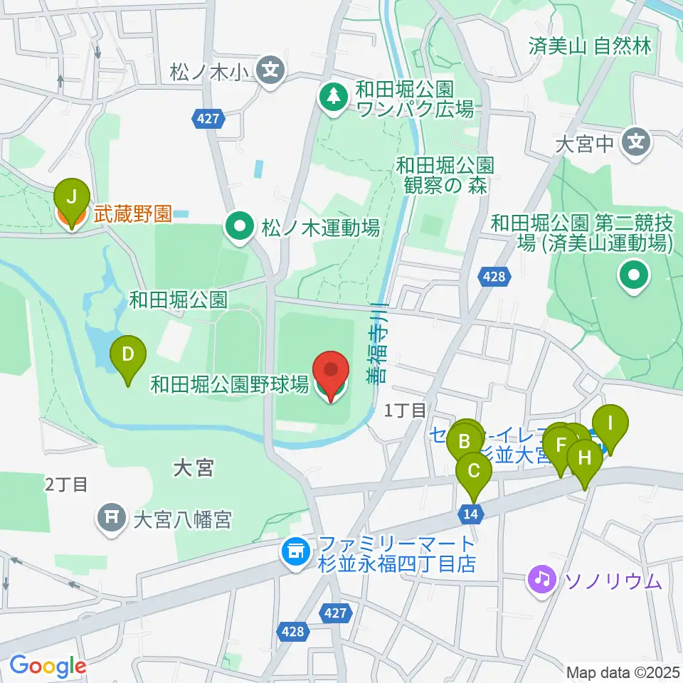 和田堀公園野球場周辺のファミレス・ファーストフード一覧地図