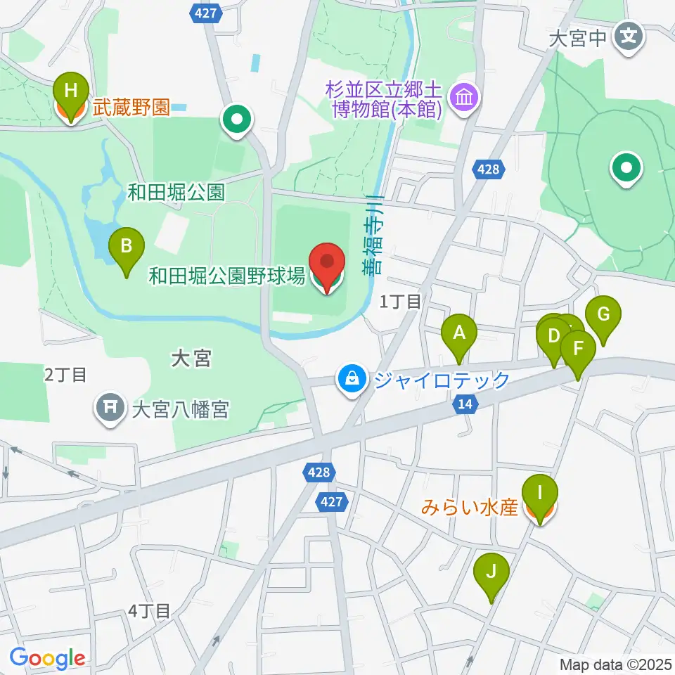 和田堀公園野球場周辺のファミレス・ファーストフード一覧地図