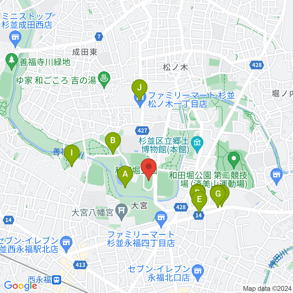 和田堀公園第一競技場周辺のファミレス・ファーストフード一覧地図