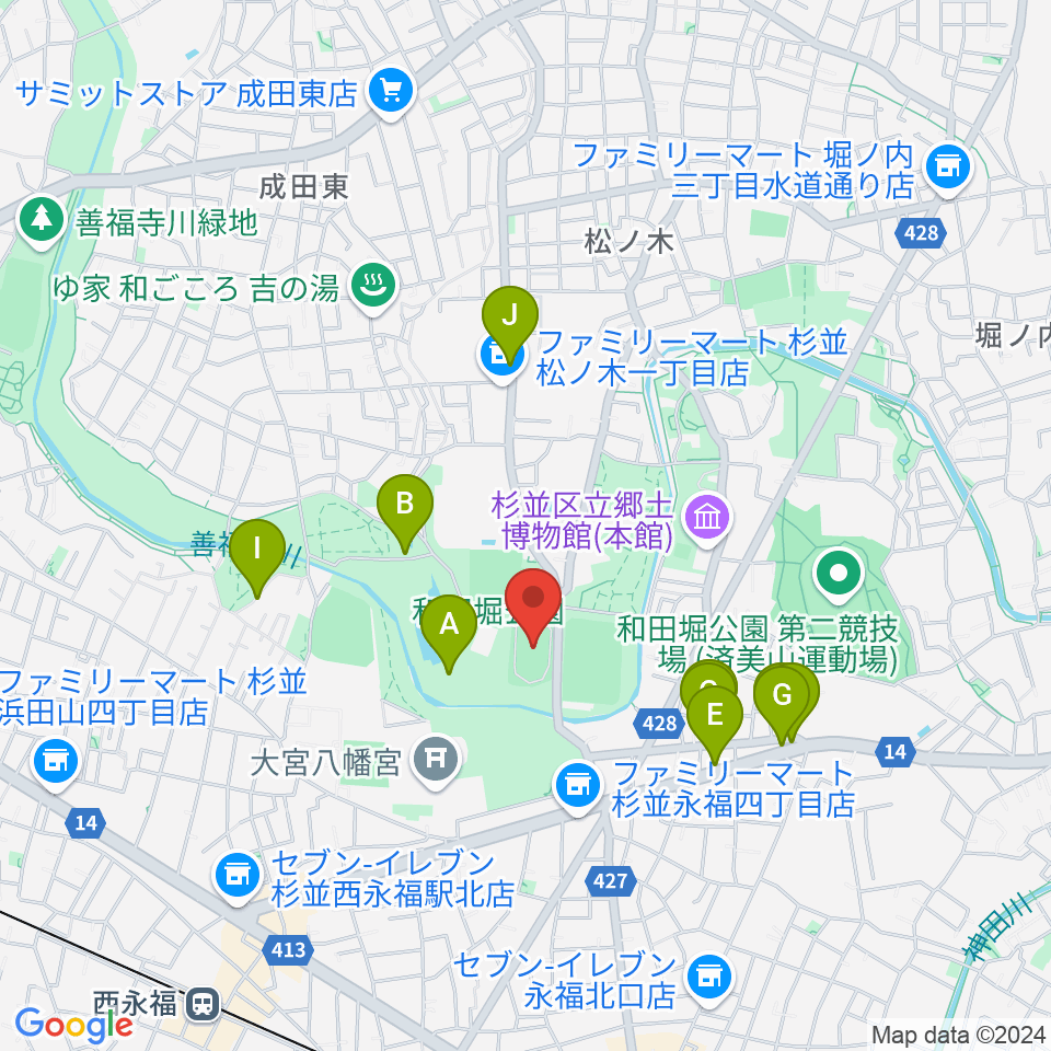 和田堀公園第一競技場周辺のファミレス・ファーストフード一覧地図