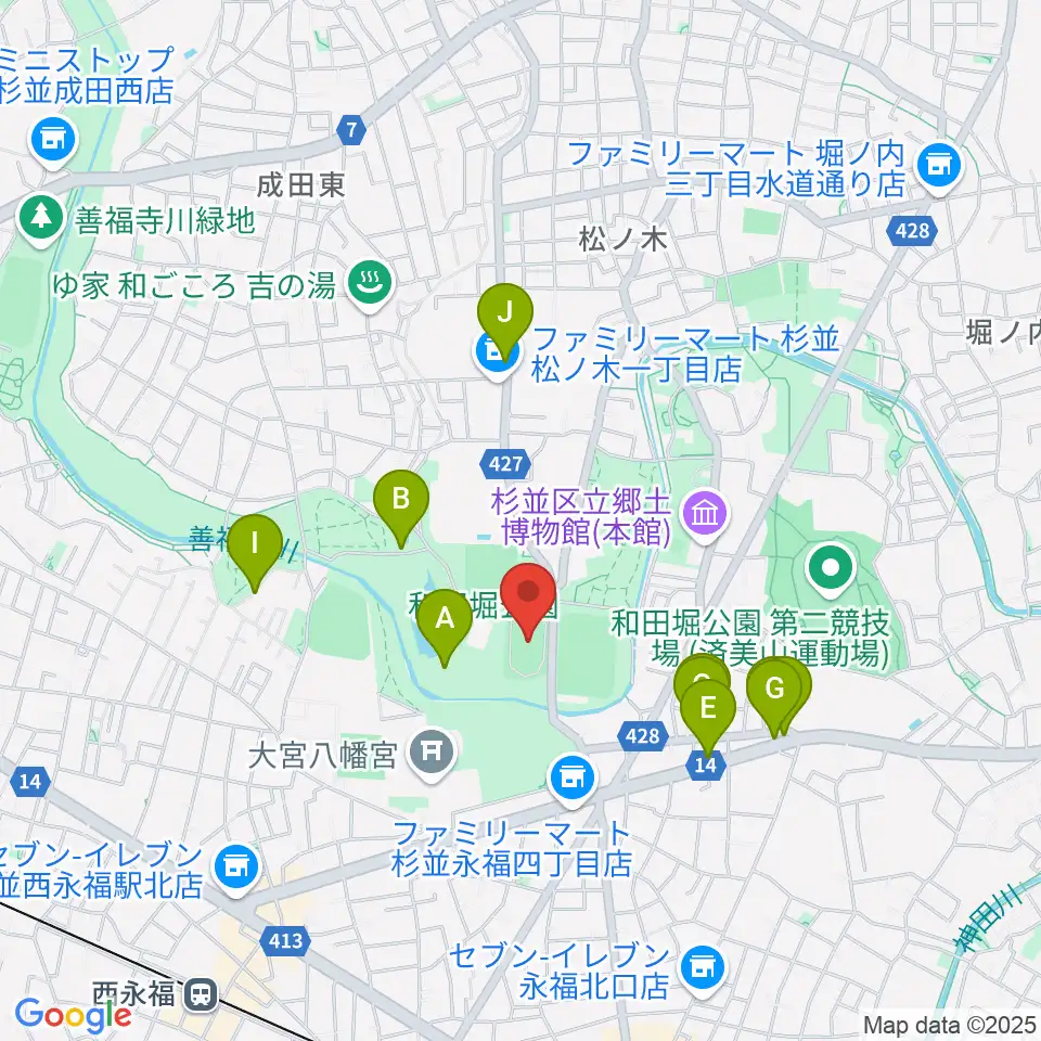 和田堀公園第一競技場周辺のファミレス・ファーストフード一覧地図