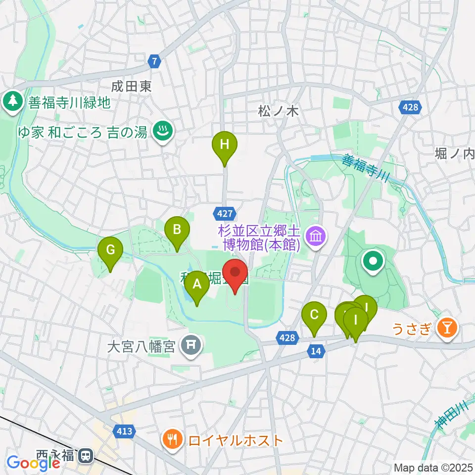 和田堀公園第一競技場周辺のファミレス・ファーストフード一覧地図