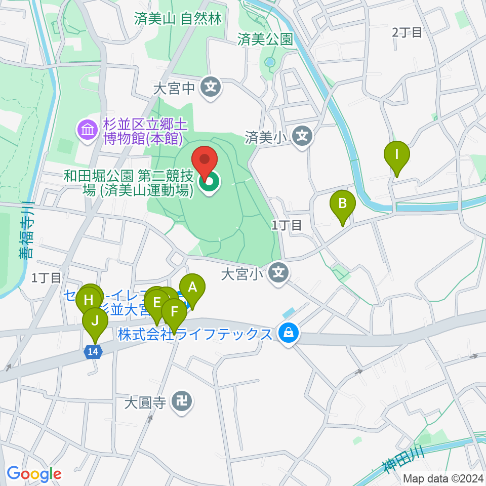 和田堀公園第二競技場周辺のファミレス・ファーストフード一覧地図