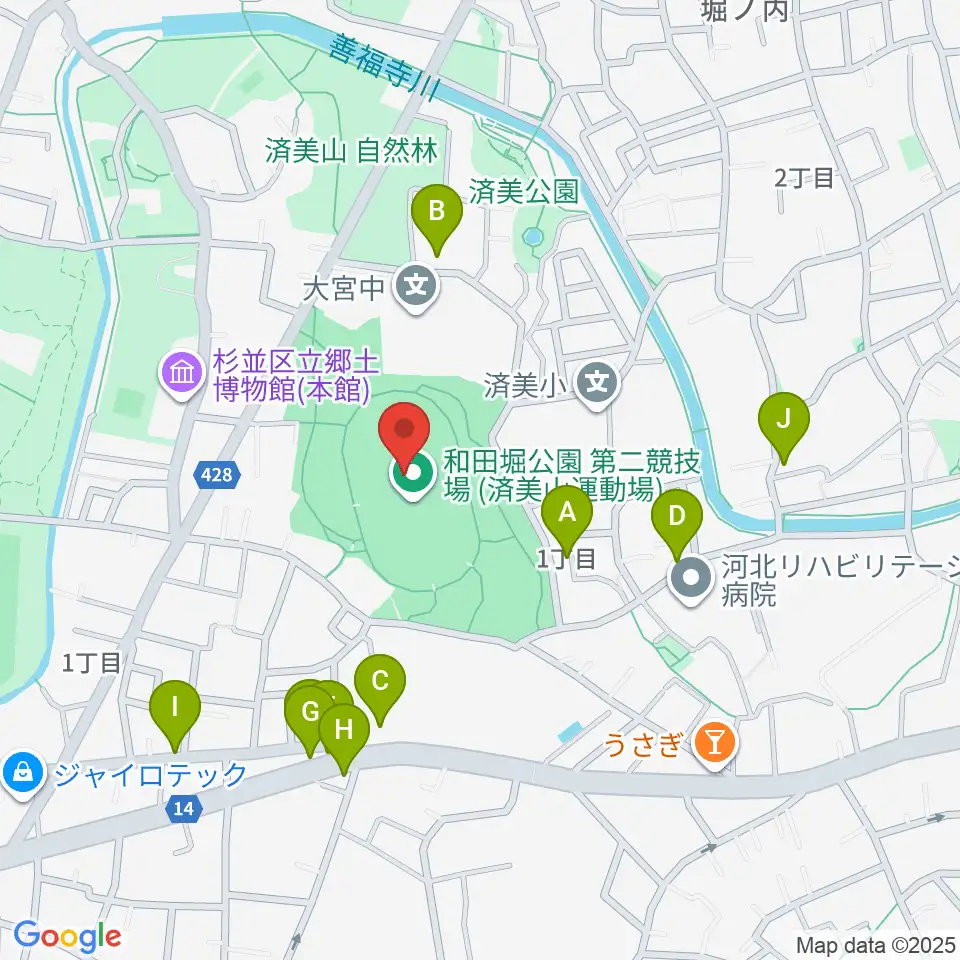 和田堀公園第二競技場周辺のファミレス・ファーストフード一覧地図