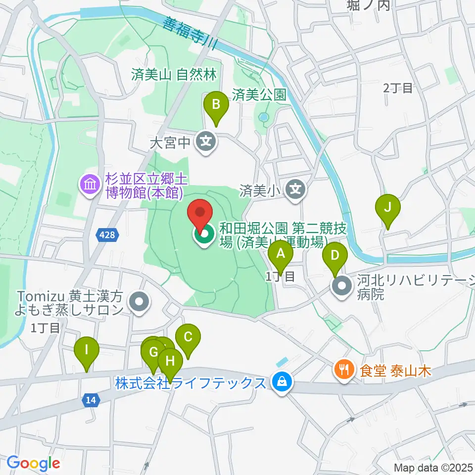 和田堀公園第二競技場周辺のファミレス・ファーストフード一覧地図