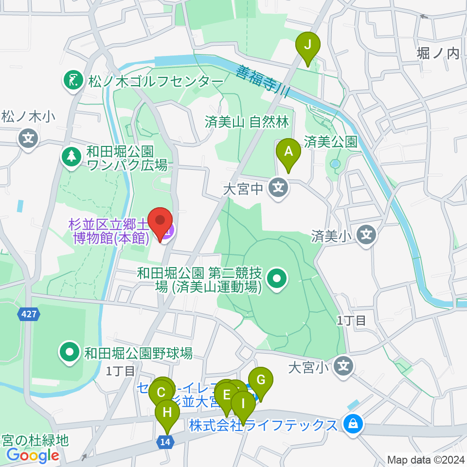 杉並区立郷土博物館周辺のファミレス・ファーストフード一覧地図