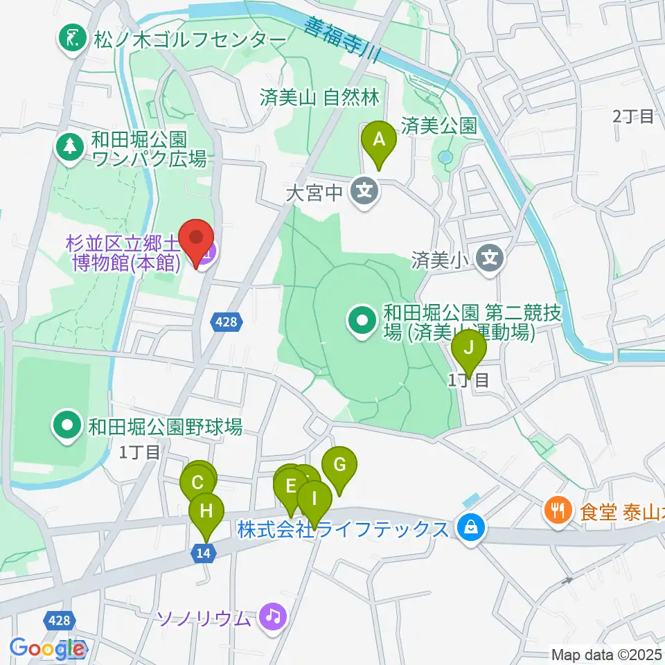 杉並区立郷土博物館周辺のファミレス・ファーストフード一覧地図