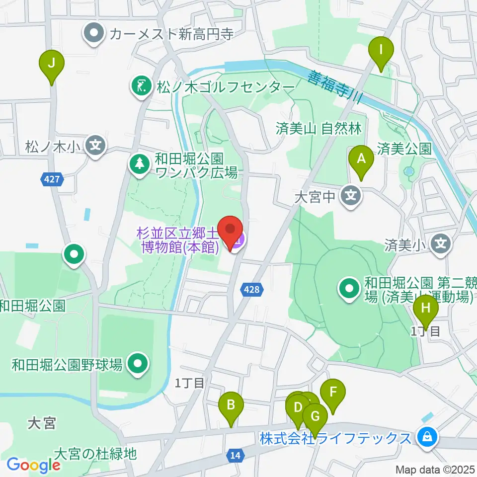 杉並区立郷土博物館周辺のファミレス・ファーストフード一覧地図