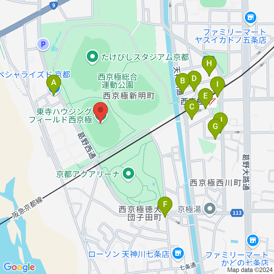 東寺ハウジングフィールド西京極周辺のファミレス・ファーストフード一覧地図