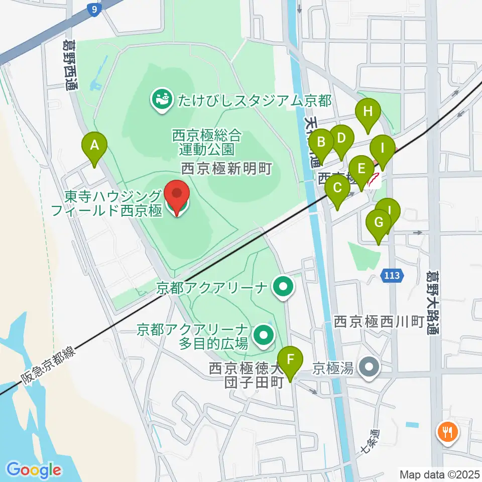 東寺ハウジングフィールド西京極周辺のファミレス・ファーストフード一覧地図