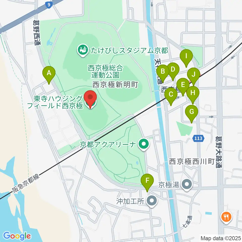 東寺ハウジングフィールド西京極周辺のファミレス・ファーストフード一覧地図