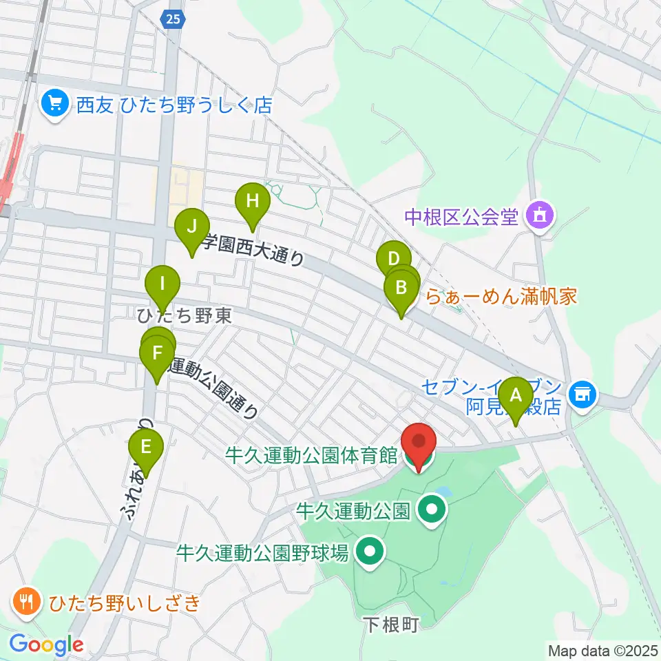 牛久運動公園体育館周辺のファミレス・ファーストフード一覧地図