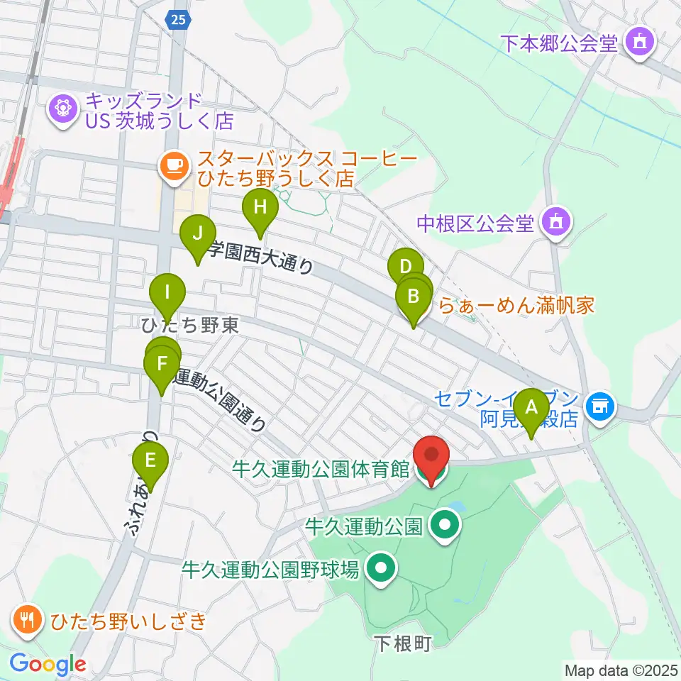 牛久運動公園体育館周辺のファミレス・ファーストフード一覧地図