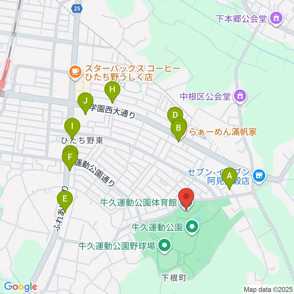 牛久運動公園体育館周辺のファミレス・ファーストフード一覧地図