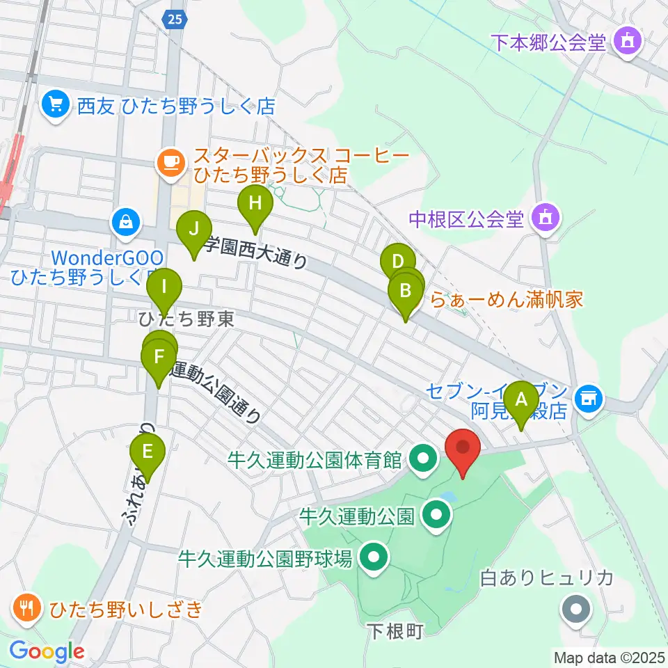 牛久運動公園武道館周辺のファミレス・ファーストフード一覧地図
