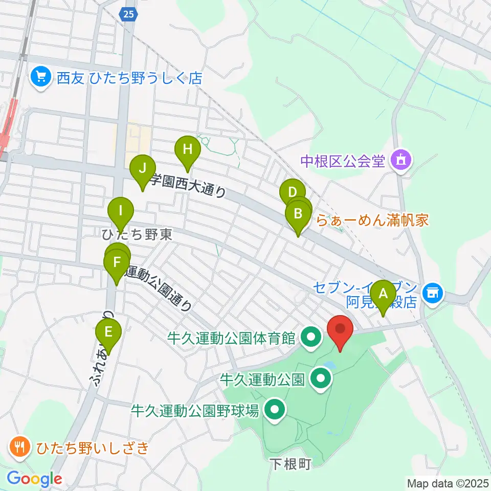 牛久運動公園武道館周辺のファミレス・ファーストフード一覧地図