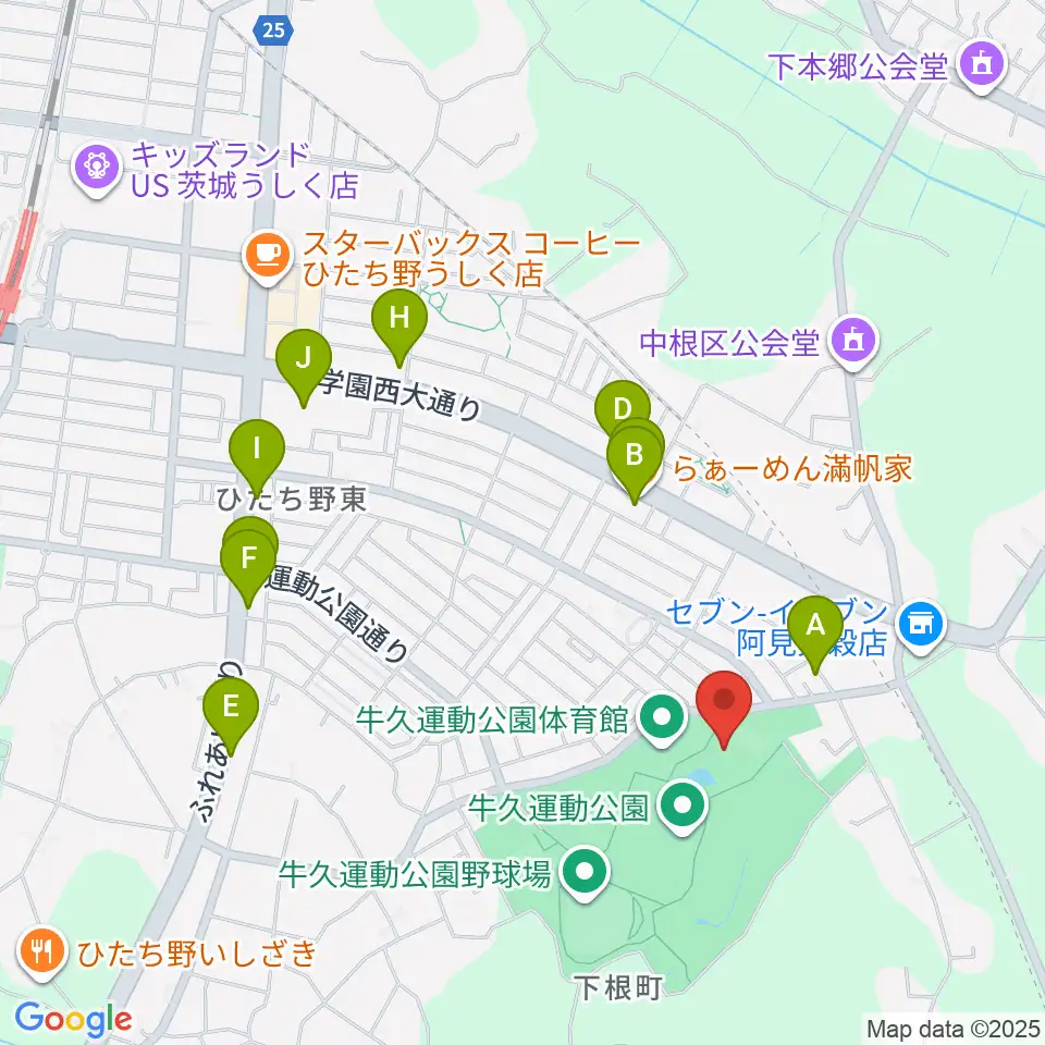 牛久運動公園武道館周辺のファミレス・ファーストフード一覧地図
