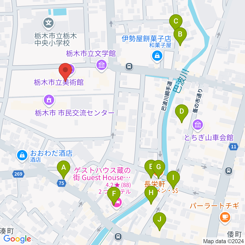 栃木市立美術館周辺のファミレス・ファーストフード一覧地図