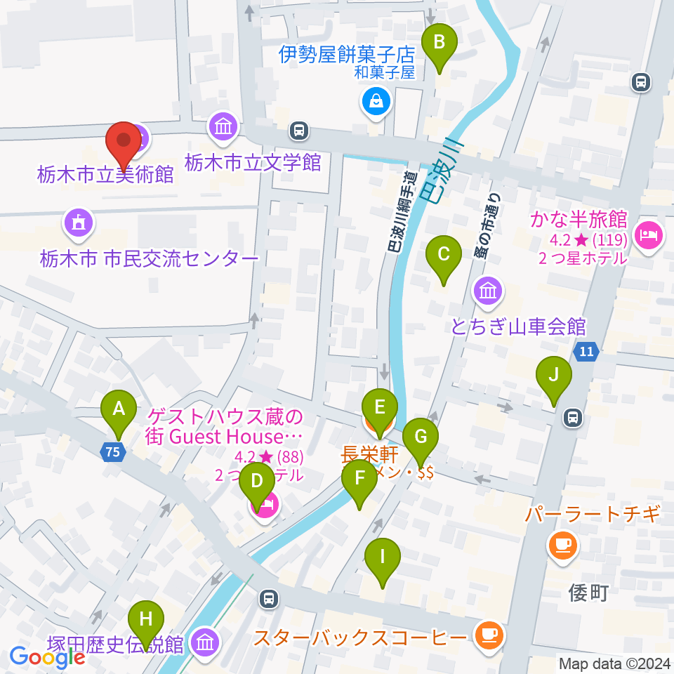 栃木市立美術館周辺のファミレス・ファーストフード一覧地図