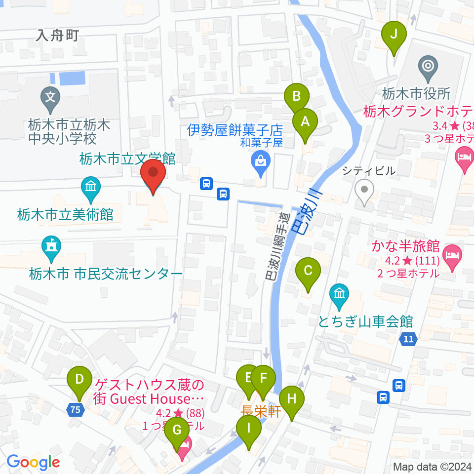 栃木市立文学館周辺のファミレス・ファーストフード一覧地図