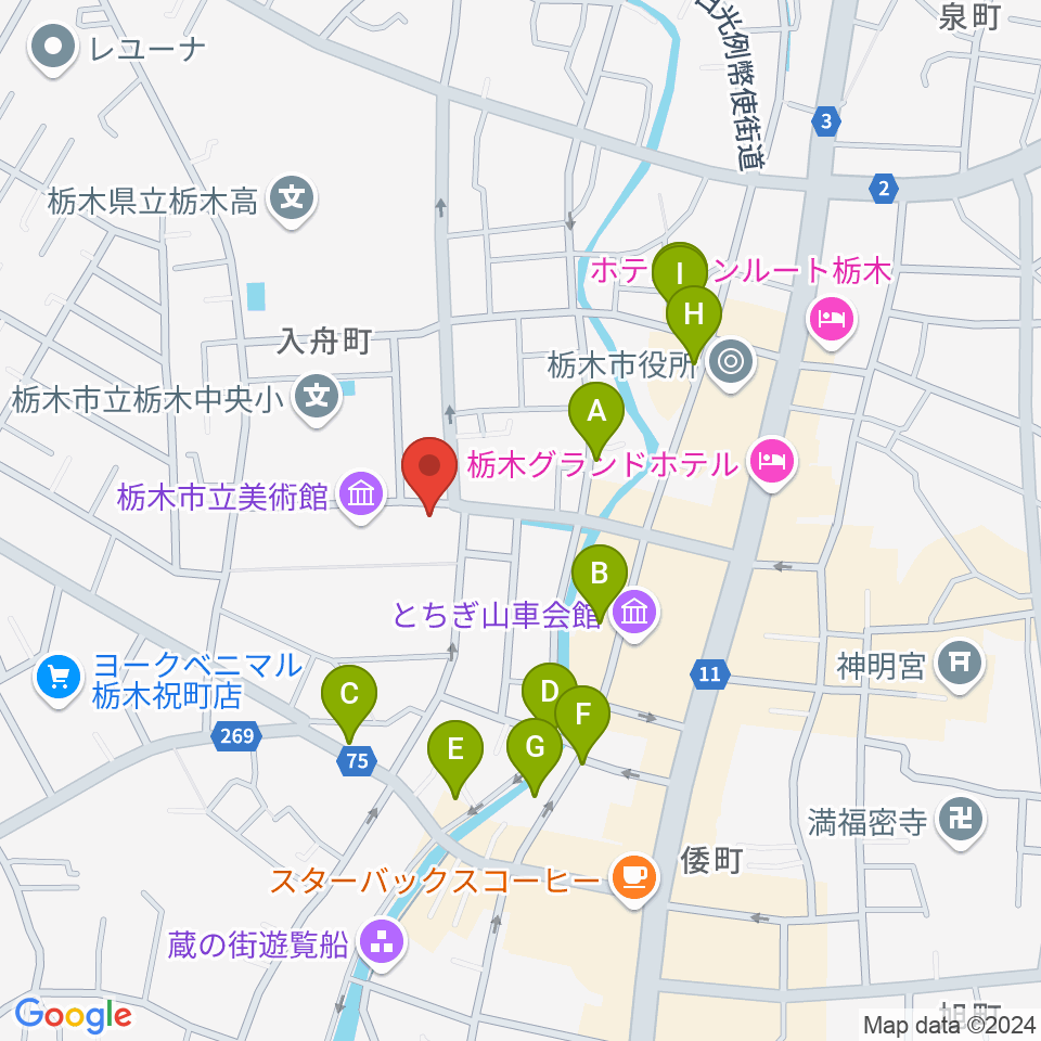 栃木市立文学館周辺のファミレス・ファーストフード一覧地図