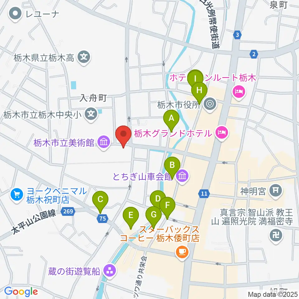 栃木市立文学館周辺のファミレス・ファーストフード一覧地図