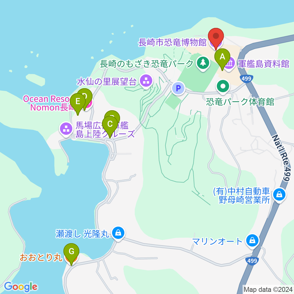 ベネックス恐竜博物館周辺のファミレス・ファーストフード一覧地図