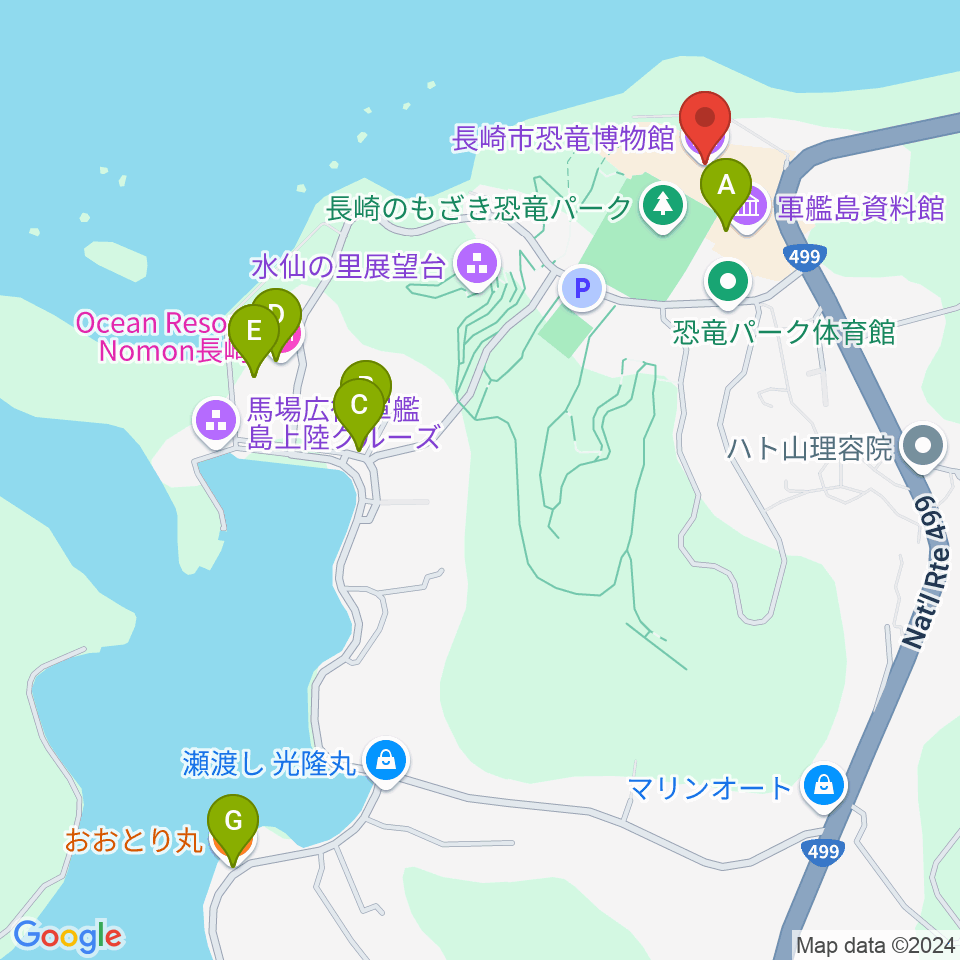 ベネックス恐竜博物館周辺のファミレス・ファーストフード一覧地図