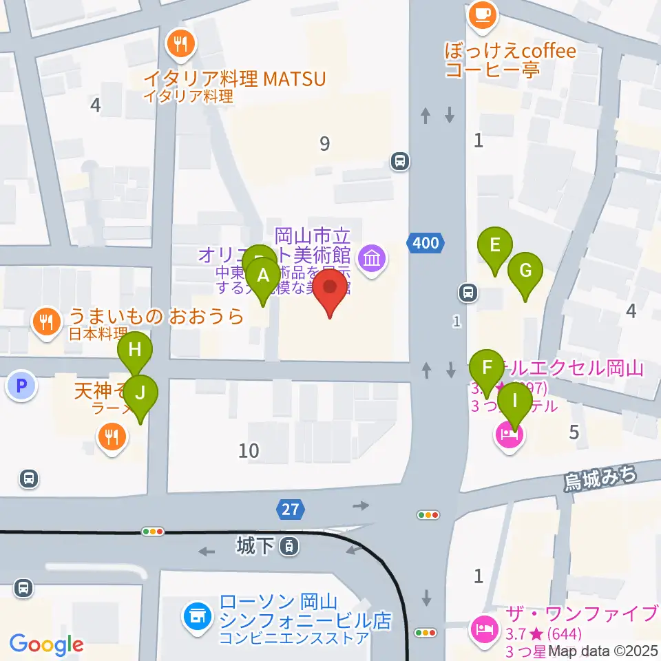 岡山市立オリエント美術館周辺のファミレス・ファーストフード一覧地図