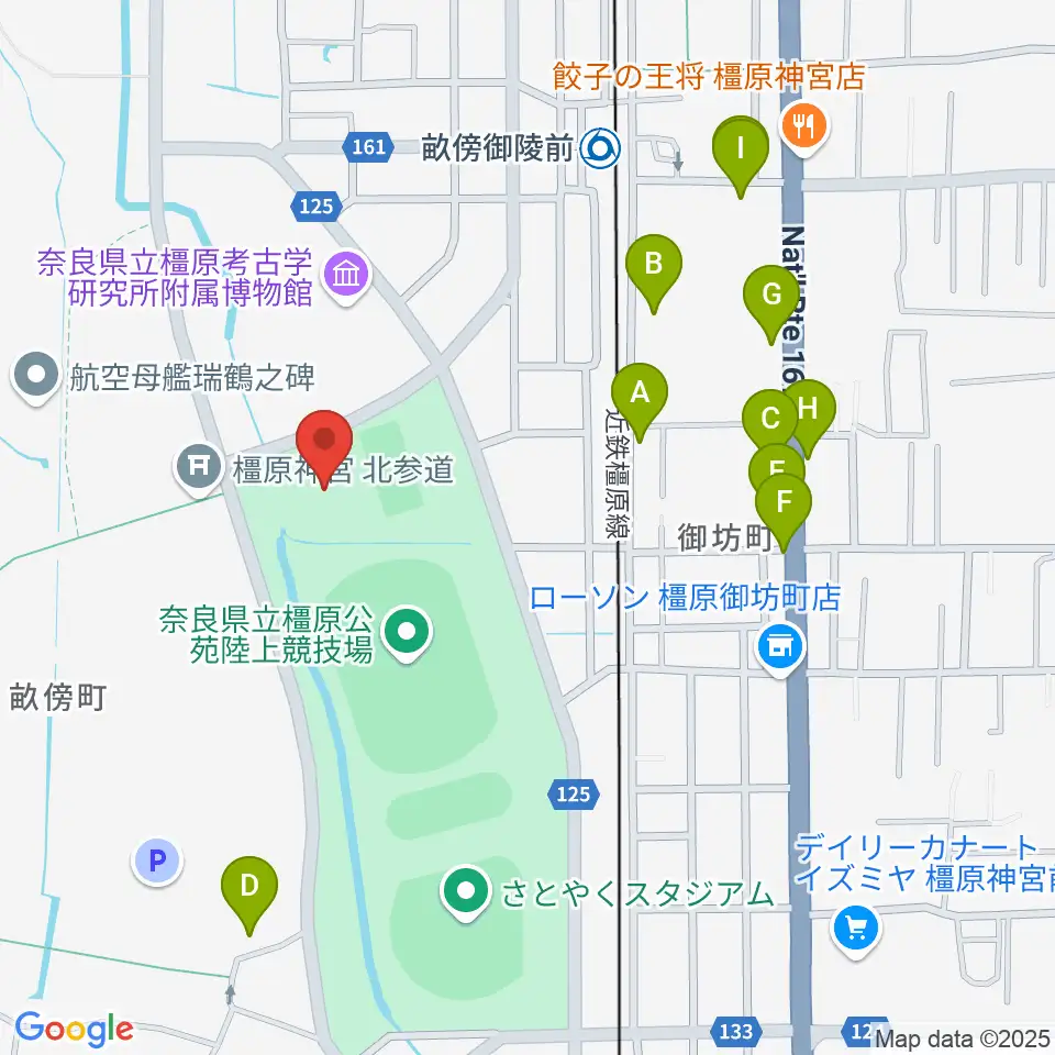 ジェイテクトアリーナ奈良周辺のファミレス・ファーストフード一覧地図